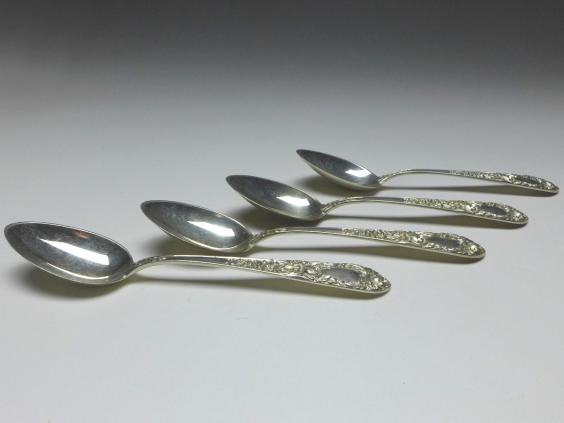 4x Teelöffel, Kaffeelöffel, Löffel, Dekor Rosen, 925er Sterling Silber, S. Kirk & Son, USA, L: 15 cm