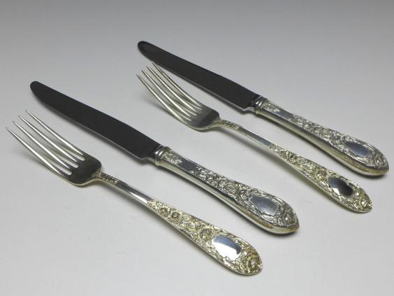 Besteck 4-teilig, für 2 Personen, 2x Messer und 2x Gabel, Dekor Rosen, 925er Sterling Silber, S. Kirk & Son, USA