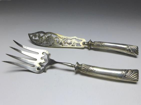 Tranchierbesteck 2-teilig, 800er Silber, Wilhelm Binder, Schwäbisch Gmünd, L: 29,5 | 25,5 cm