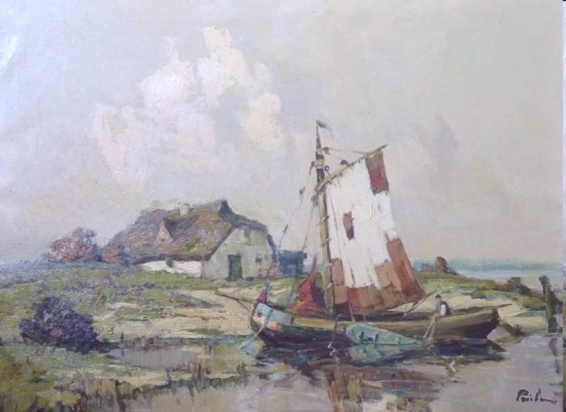 Priebe, Rudolf: Küstenlandschaft mit Fischerboot und Haus, Öl/Leinwand, 60x80 cm