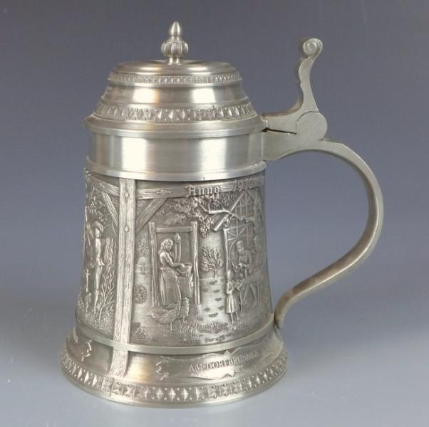 Bierkrug, Humpen, Krug, SKS Zinn, ländliche Szenen, H: 16 cm, 646 g