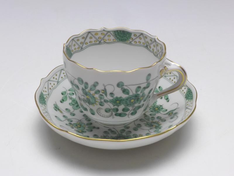 Mokkatasse kpl., Meissen, indisch grün reich, V 0,1 l.