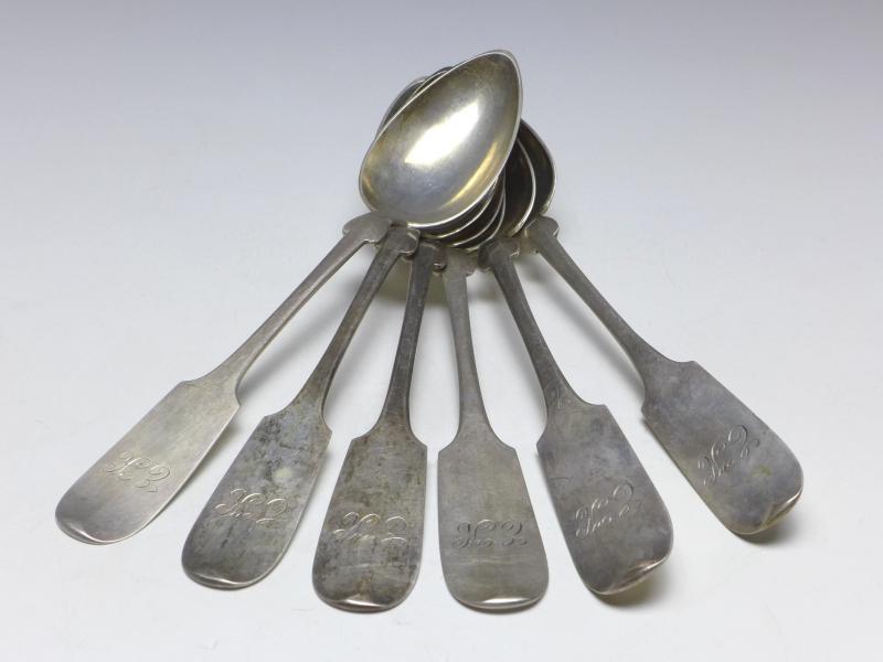 6x Löffel, Kumpe, Kassel, 19. Jh., Königsspaten, 800er Silber, 272 g