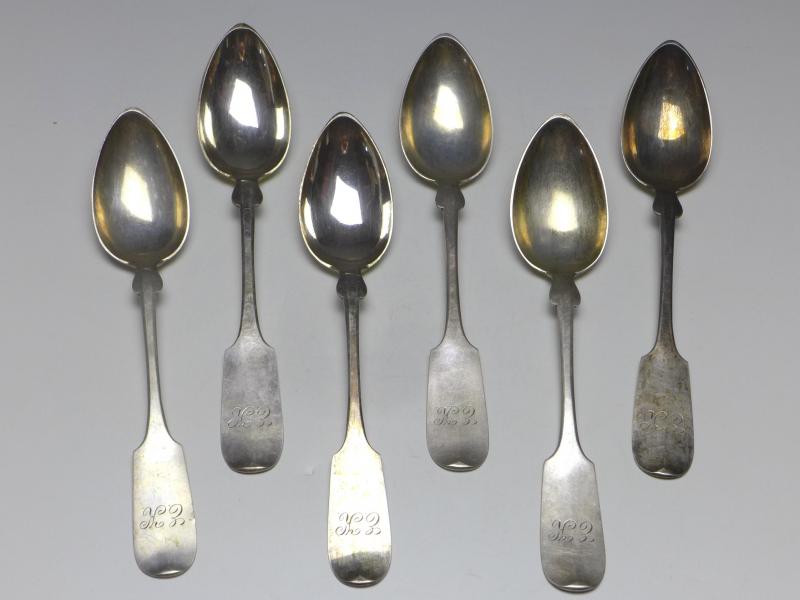 6x Löffel, Kumpe, Kassel, 19. Jh., Königsspaten, 800er Silber, 272 g