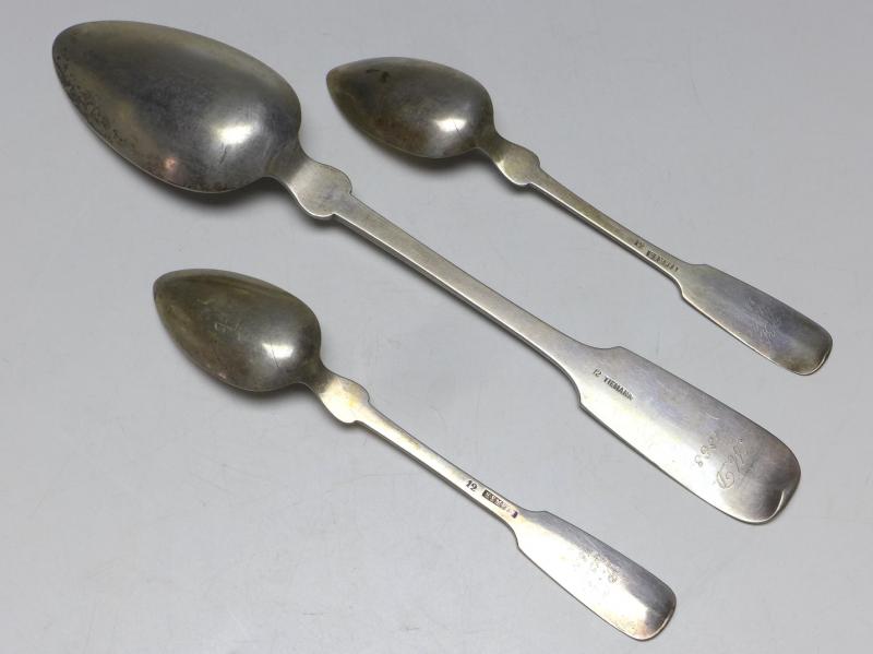 3x Löffel, Kempfe, Tiemann, 19. Jh., Königsspaten, 12-lötig, 87 g