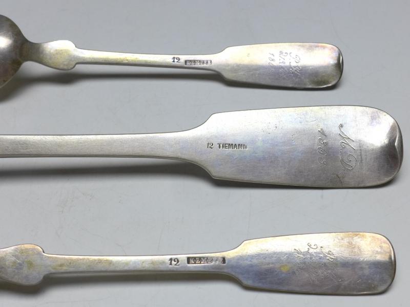 3x Löffel, Kempfe, Tiemann, 19. Jh., Königsspaten, 12-lötig, 87 g