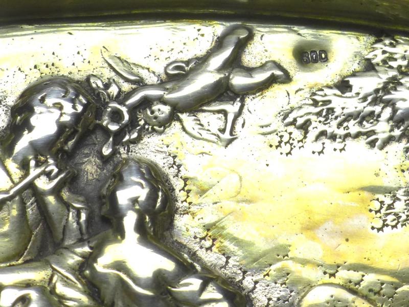 ovale Schale mit Paar, Rosendekor und Durchbruchrand, 800er Silber, 4 x 27 x 16,5 cm, 251 g