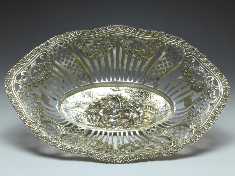 ovale hohe Schale, Obstschale, 800er Silber, 33,5 x 24 cm, 370 g