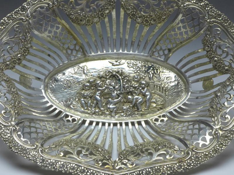 ovale hohe Schale, Obstschale, 800er Silber, 33,5 x 24 cm, 370 g