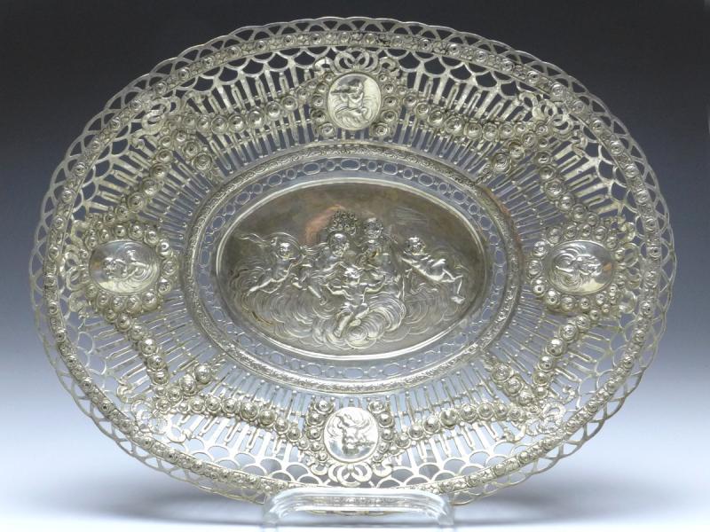 ovale Schale, Korbschale, 800er Silber, 33 x 25,5 cm, 395 g