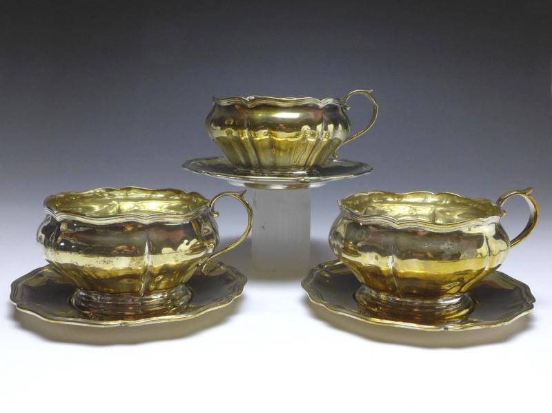 3x Teetasse kpl., Rozet & Fischmeister, Wien, 1872-1922, 800er Silber, 997 g