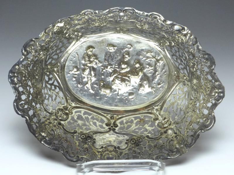 ovale Schale, Korb, Blumendekor und Durchbruchrand, 800er Silber, 5 x 26 x 20 cm, 223 g