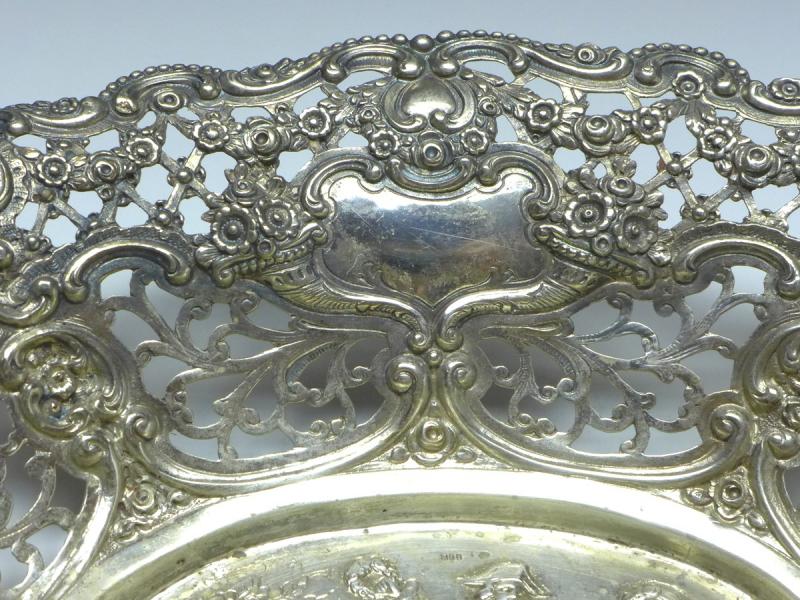 ovale Schale, Korb, Blumendekor und Durchbruchrand, 800er Silber, 5 x 26 x 20 cm, 223 g