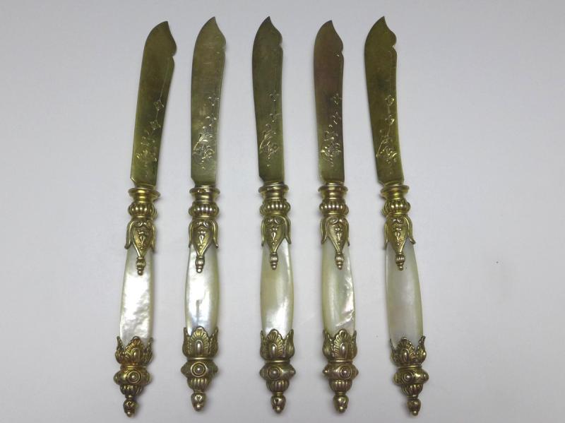 5x Obstmesser, 800er Silber vergoldet, 1872-1922, Wien, Österreich, L: 19 cm