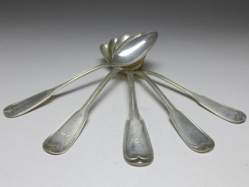 5x Suppenlöffel, Löffel, 800er Silber, Koch & Bergfeld, Raithel, Dekor Altfaden, L: 21,5 cm