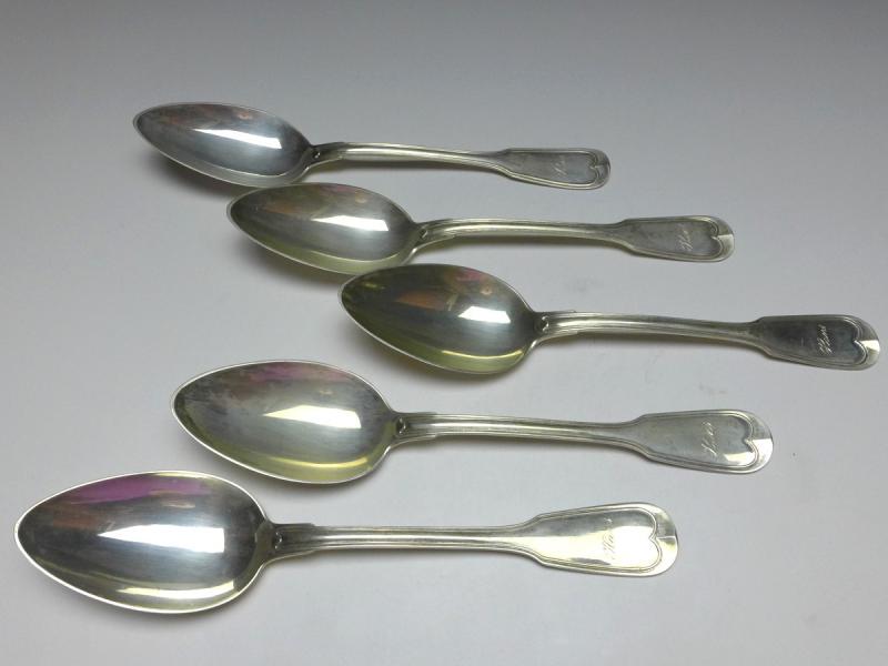5x Suppenlöffel, Löffel, 800er Silber, Koch & Bergfeld, Raithel, Dekor Altfaden, L: 21,5 cm