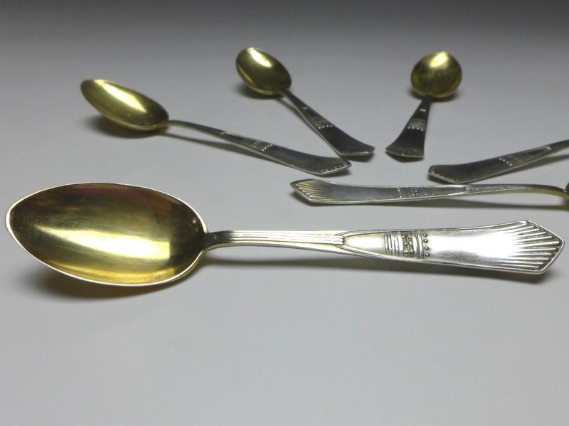 6x Mokkalöffel, Löffel, Wilhelm Binder, 800er Silber, vergoldet, L: 10,5 cm