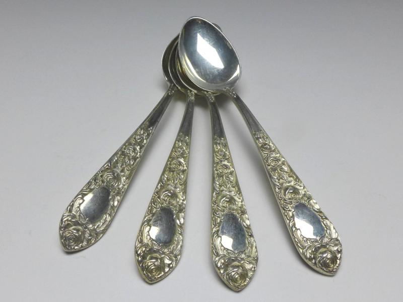 4x Teelöffel, Kaffeelöffel, Löffel, Dekor Rosen, 925er Sterling Silber, S. Kirk & Son, USA, L: 15 cm