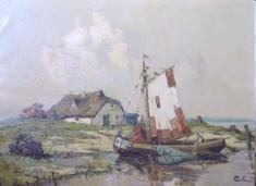 Priebe, Rudolf: Küstenlandschaft mit Fischerboot und Haus, Öl/Leinwand, 60x80 cm