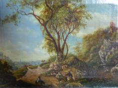 Pfarr. Rieger, 1843: Gemälde Landschaft mit Ruine, Tier und Personenstaffage, Öl/Leinwand