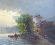 A. Thierer ?, 19. Jh.: Gemälde Landschaft mit Gehöft und Fischer am See, Öl/Leinwand