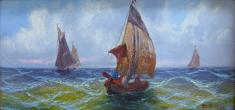 V. Delmar: Gemälde Fischerboote in unruhiger See. Öl/Holz