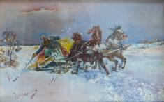 Fischer: Gemälde Fahrender Pferdeschlitten im Schnee. Öl/Leinwand