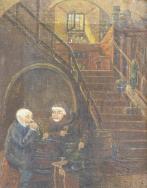 Gemälde Mönch und Gutsherr beim Weintrinken im Haus, mit Interieur