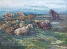 Hugo Köcke: Gemälde Schafherde auf einer Wiese liegend, mit Hirtenhund