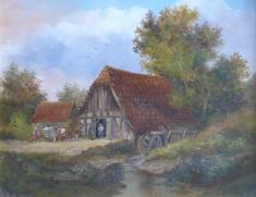 Elisabeth Paetz-Kalich: Gemälde Gehöft mit Wassermühle