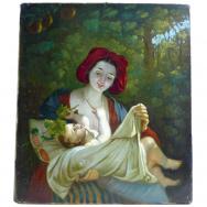 altes Gemälde Junge Frau mit Kind unter Bäumen sitzend