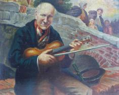 C. Beaujean, 1933: Gemälde Geigenspieler auf der Brüstung einer Brücke sitzend