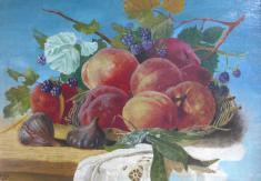 T. Riebold, 1915: Gemälde Stilleben mit Früchten und Blättern. Öl/Platte