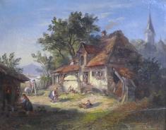 Gemälde Landschaft, Bauernhäuser mit Personen, Kirche, Berge