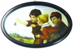 Bildplatte, Porzellanbild 3 Kinder mit Schmetterling, um 1900, Steubler, Zwickau, Sachsen