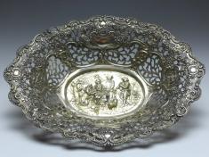 ovale Schale, Korb, Blumendekor und Durchbruchrand, 800er Silber, 5 x 26 x 20 cm, 223 g