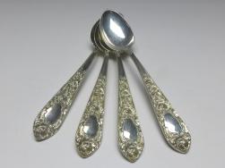 4x Teelöffel, Kaffeelöffel, Löffel, Dekor Rosen, 925er Sterling Silber, S. Kirk & Son, USA, L: 15 cm