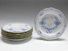 6x Speiseteller, Meissen, Indisch hellblau mit Kante, D: 25 cm