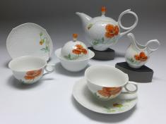 Teeset für 2 Personen, 5-tlg., Meissen, Wellenspiel Relief, Dekor Wilder Mohn