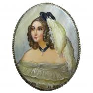 Brosche Portrait Dame, Lupenmalerei, Fedoskino, L: 5 cm